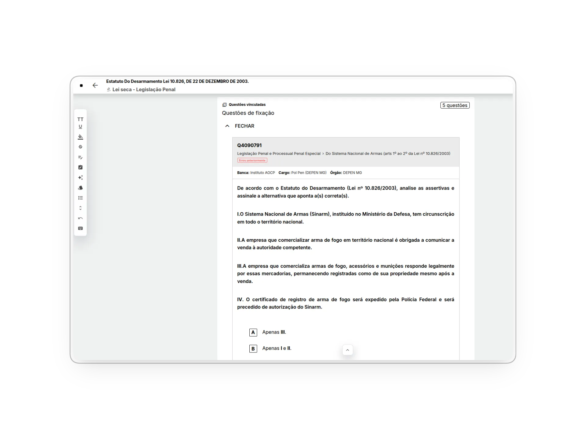 Questões vinculadas aos artigos da legislação